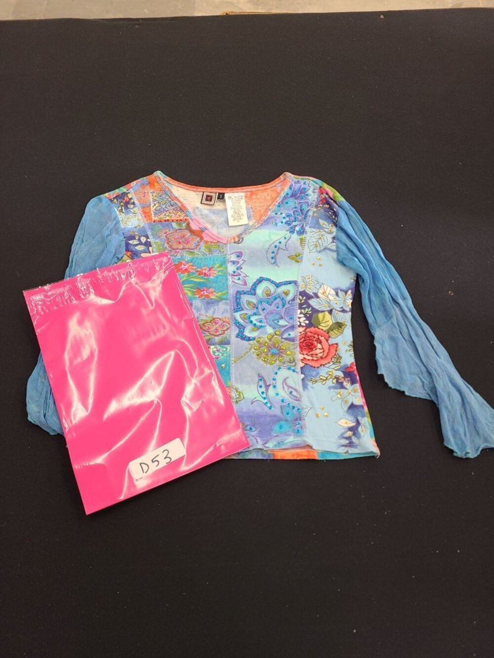 Forbidden Womens Small Patchwork Floral Long Sleeve Top With Embellishments